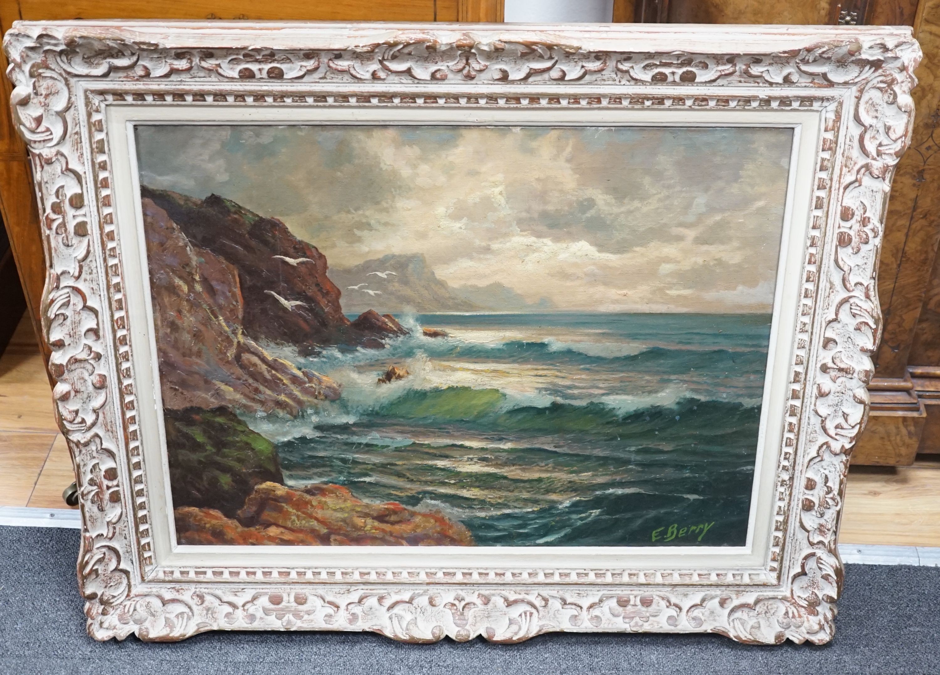 E Berry (early 20th century) a pair of oils on canvas, coastal scenes, 50 cm X 65cm
